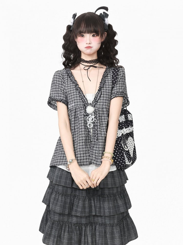 Gray Plaid V Neck Short Sleeve Top - Languid Park | CoyBunny