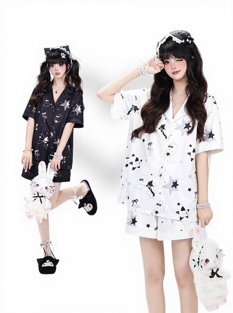 Black Daily Kawaii Bunny Print Loungewear Set Short Sleeve Top Shorts - CRAZY GIRL | CoyBunny