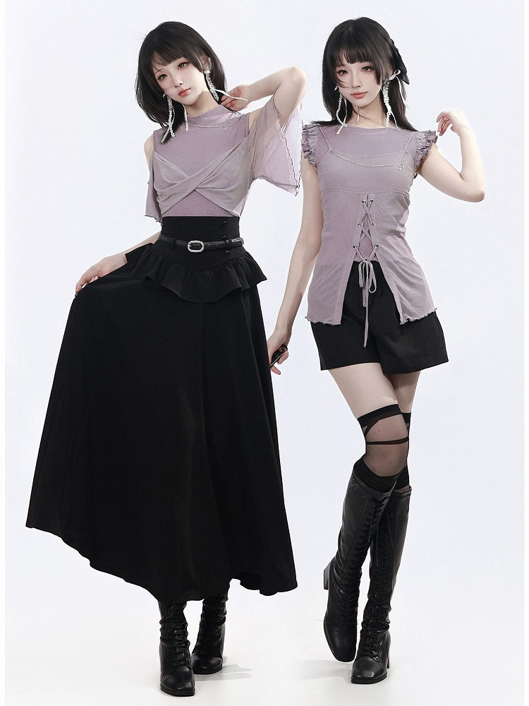 Black Ruffle Trim Long Skirt - PINK SAVIOR | CoyBunny