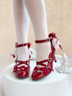 Wine Red Strawberry Embroidered 9cm Heels with Bow - Cheese Mango | CoyBunny