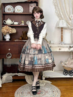 Gray Brown Coffee Cup Bookshelf Print Elegant Skirt Ruffled Hem - Dream Whale | CoyBunny