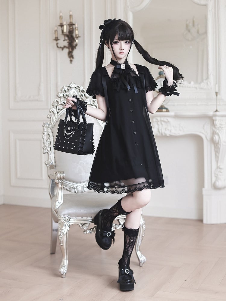 Gothic Halter Dress with Lace and Bow Details - Ekomi | CoyBunny