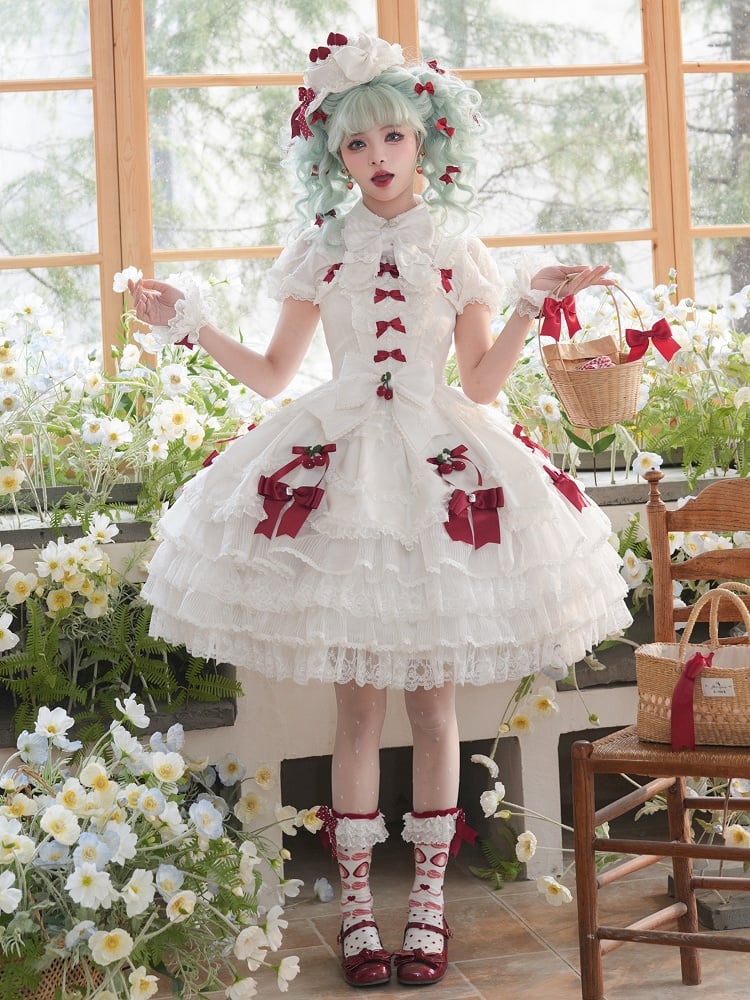 White Strawberry Princess Layered Ruffle Dress Sweet Lolita Jumper Skirt with Detachable Puff | CoyBunny