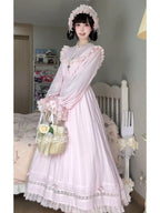 Lace Trim Long Sleeve OP Dress with Ruffles, Pink Lolita Style - Hua Xia Miao | CoyBunny
