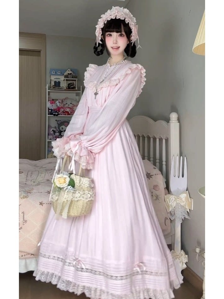 Lace Trim Long Sleeve OP Dress with Ruffles, Pink Lolita Style - Hua Xia Miao | CoyBunny