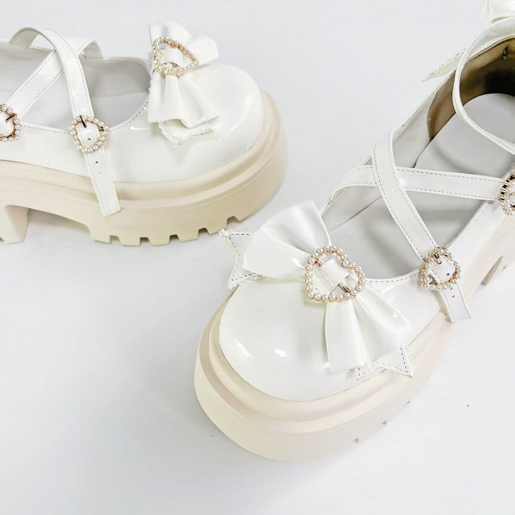 White Platform High Heels with Heart Buckle and Bow - Rainie Dream | CoyBunny