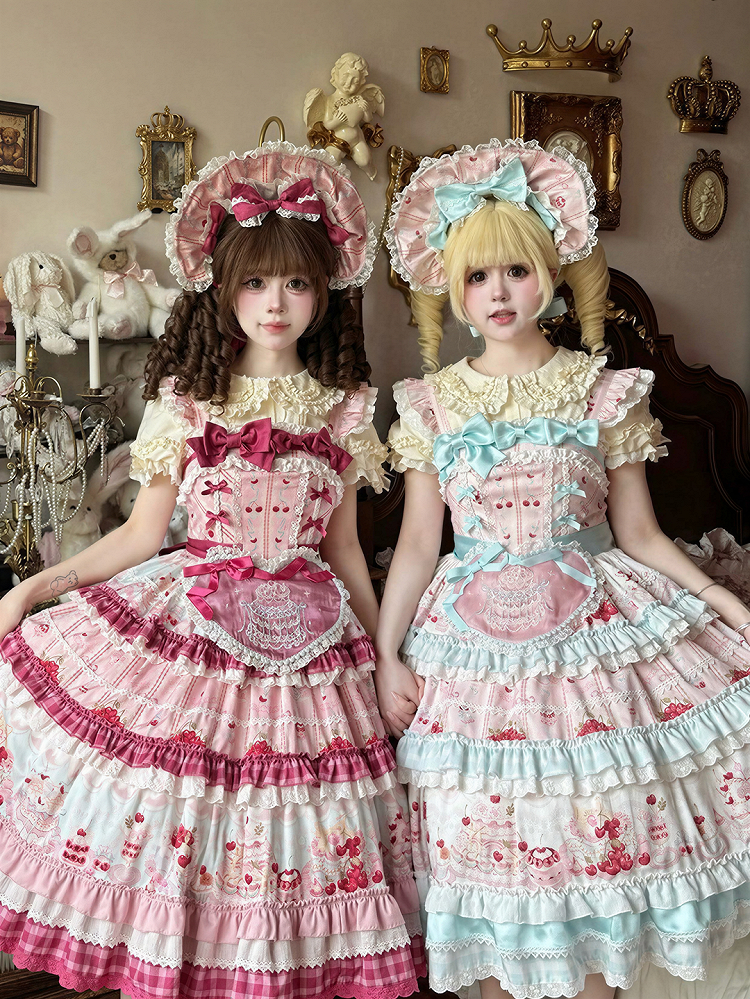 Pink Blue Cherry Print Sweet Lolita Bonnet with Lace - Strawberry Fantasy | CoyBunny