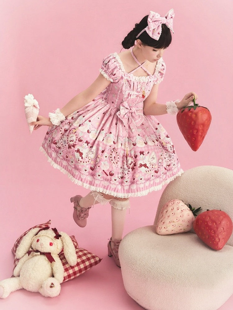 Cat Print Rose Sweet Lolita OP Dress with Removable Crisscross Halter Straps - Pastry Chef | CoyBunny
