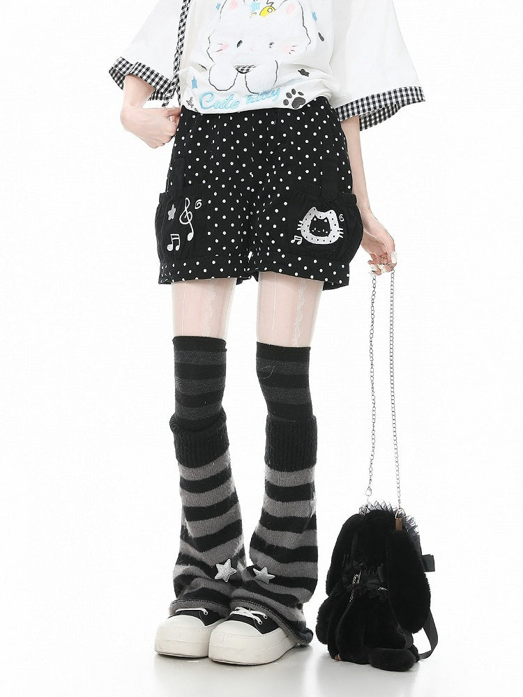 Black Polka Dot Shorts with Kitty & Music Embroidery - Languid Park | CoyBunny