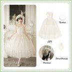 Creamy Boned Waist Elegant Lolita Long JSK Dress + Necklace + Hairband + Floral Hairclip - With PUJI | CoyBunny