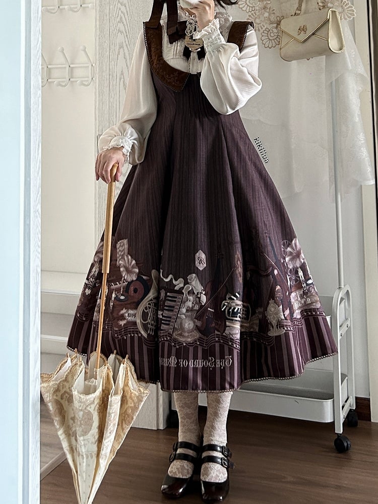 Brown Under Bust Violin and Piano Print Elegant Lolita Dress | CoyBunny