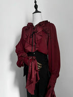 Crimson Poet Shirt with Floral Pins and Chain Accents - Shi Zhi Mao | CoyBunny