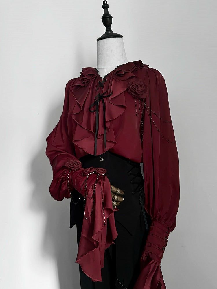 Crimson Poet Shirt with Floral Pins and Chain Accents - Shi Zhi Mao | CoyBunny