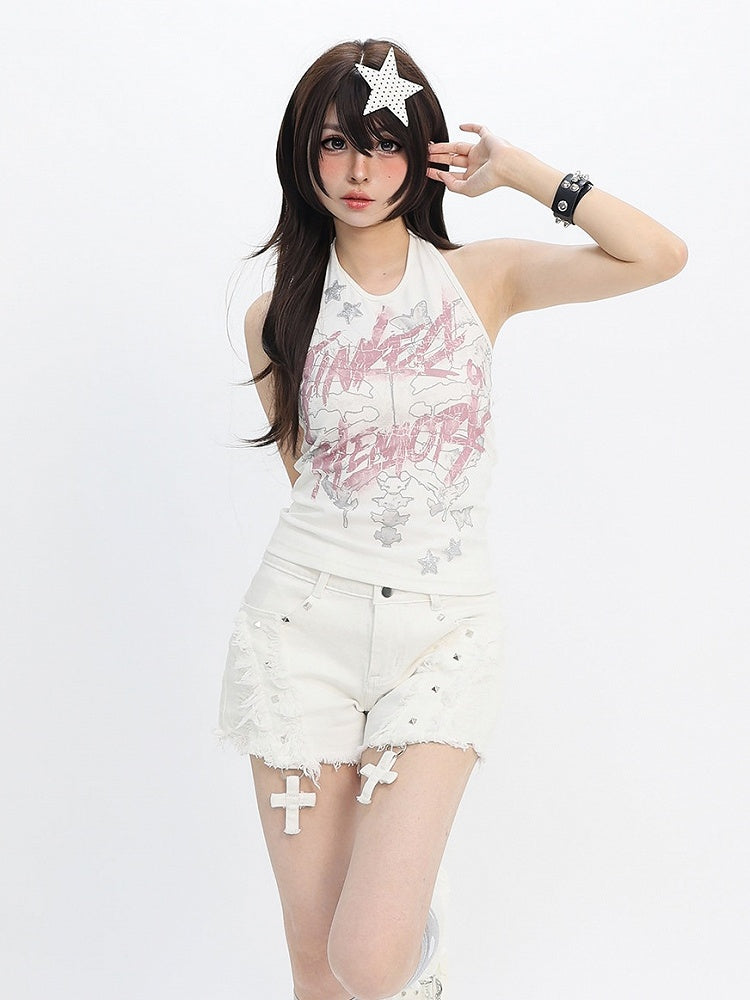Sweet Kawaii White Distressed Shorts with Rivet and Cross Decor - Catwish | CoyBunny