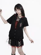 Sporty Kawaii Black & Red Mini Skirt with Lace-Up Details - PINK SAVIOR | CoyBunny