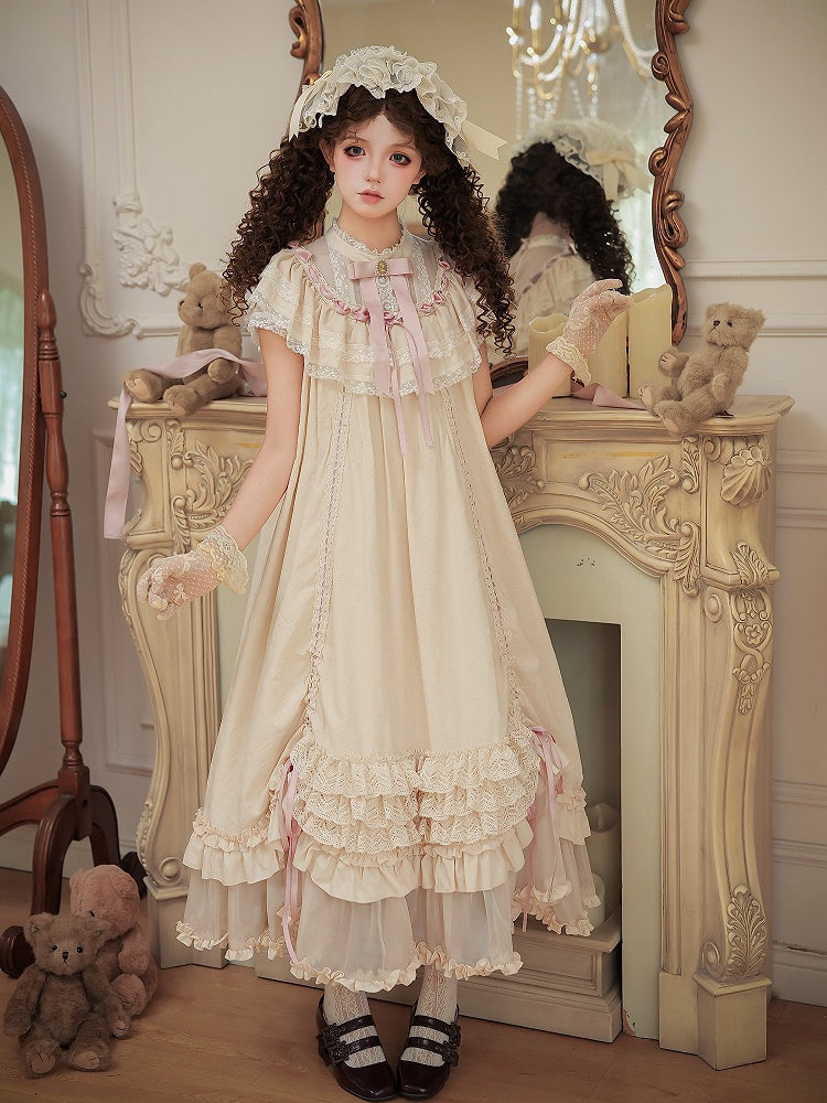 Beige Rosette Jacquard OP Dress with Ruffles - With PUJI | CoyBunny