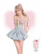 Blue and Pink Floral Strapless Dress with Bow - serendipity | CoyBunny
