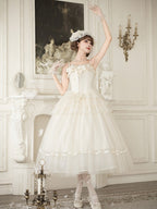 Creamy Boned Waist Elegant Lolita Long JSK Dress + Necklace + Hairband + Floral Hairclip - With PUJI | CoyBunny