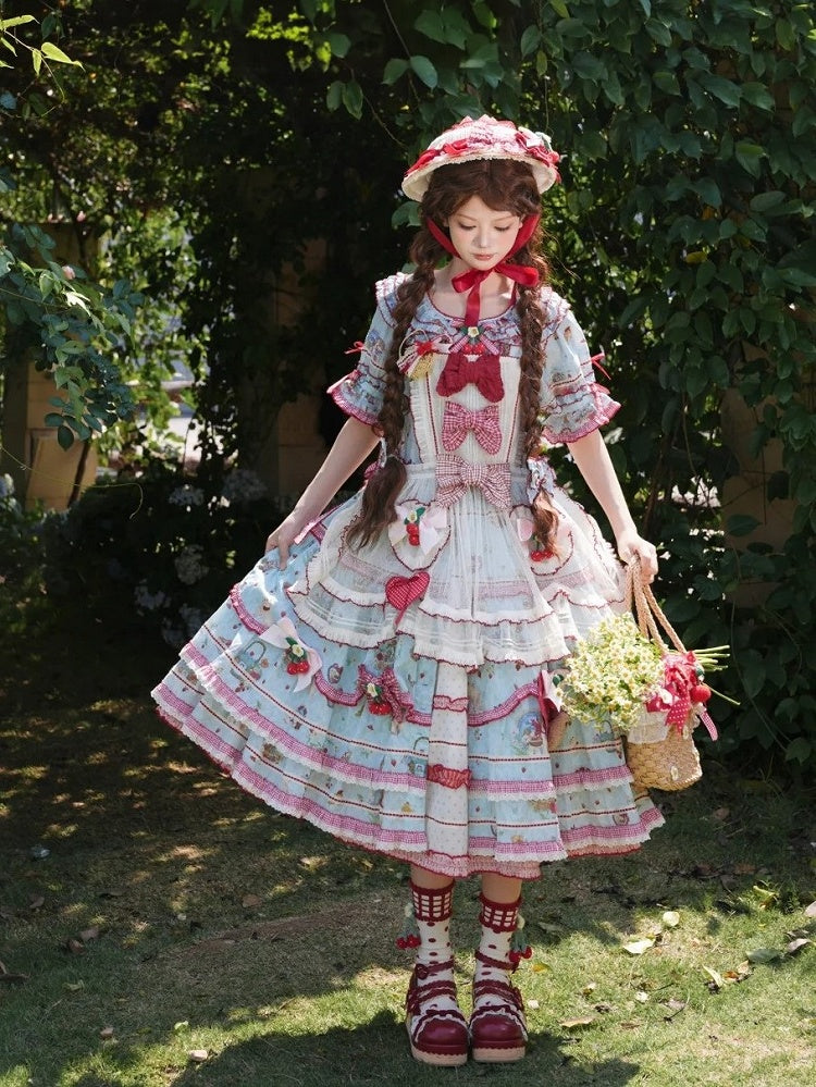 Blue Red Short Sleeve Ruffles Cottagecore Lolita OP Dress - DrunkCoco | CoyBunny