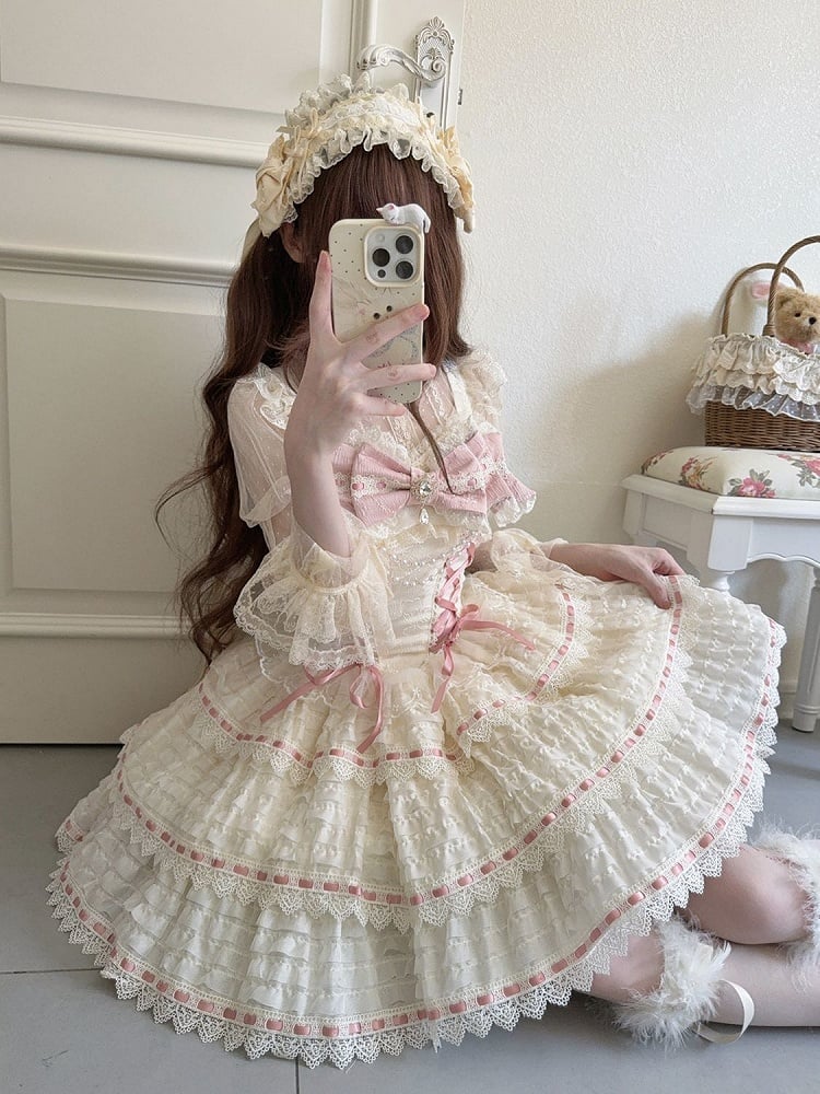 Apricot Lace-up Lolita JSK Dress with Bead Chain Bow - Miss Han | CoyBunny