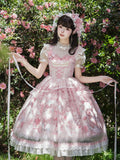 Pink Deer & Floral Print Flutter Sleeves Sweet Lolita JSK Dress with Overlay - Honey Machine | CoyBunny