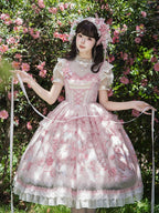 Pink Deer & Floral Print Flutter Sleeves Sweet Lolita JSK Dress with Overlay - Honey Machine | CoyBunny