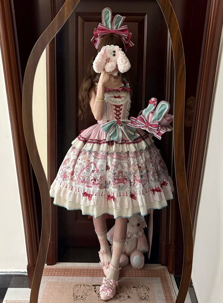 Pink & Green Alice Cat Vibes Sweet Lolita Jumper Skirt with Polka-dot Apron - Mewroco | CoyBunny