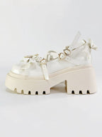 White Platform High Heels with Heart Buckle and Bow - Rainie Dream | CoyBunny