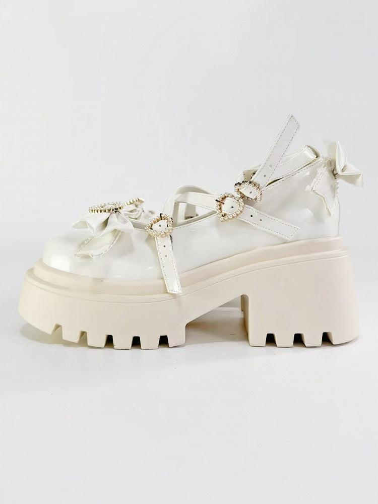 White Platform High Heels with Heart Buckle and Bow - Rainie Dream | CoyBunny