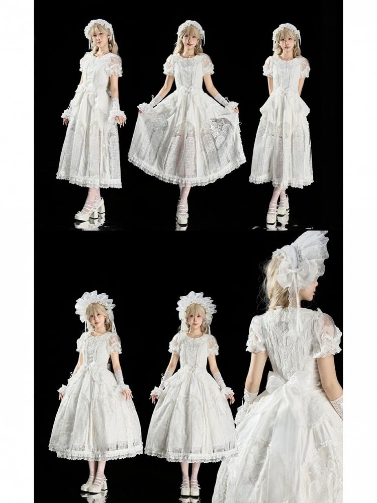 Classic Ivory Puff-Sleeve OP Gown with Sash & Lace Accents - Sleepless Unanswered | CoyBunny