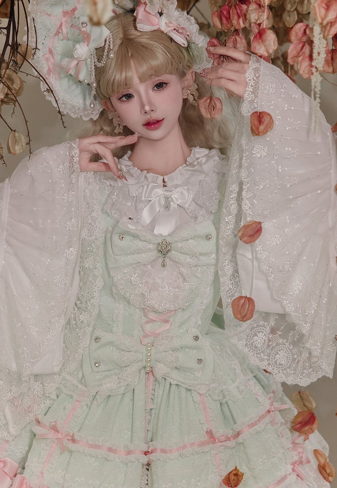 Mint Green Bows Layered Hime Lolita Jumper Skirt Set - Huating | CoyBunny