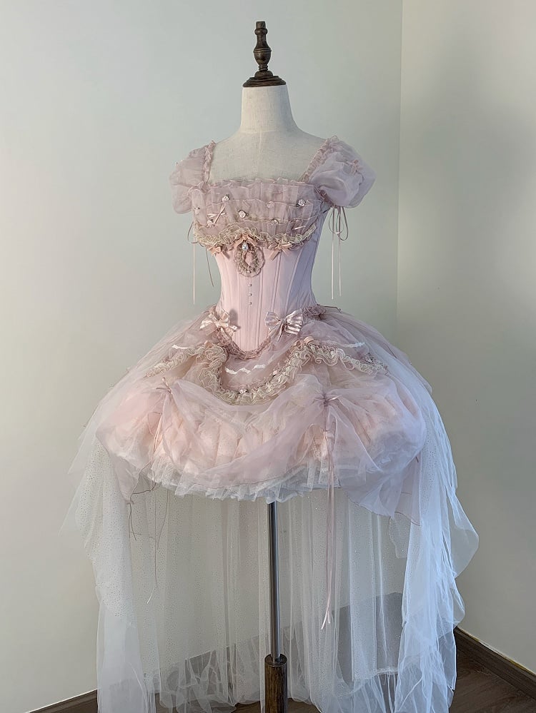 Pink Balletcore Princess Lolita Outfit - Boned Corset Top & Layered Ruffle Skirt Set | CoyBunny