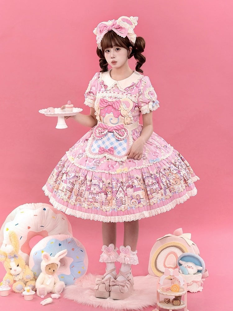 Bear Cake Theme Sweet Lolita OP Dress with Floral Print Skirt & Lace Trim - Mewroco | CoyBunny