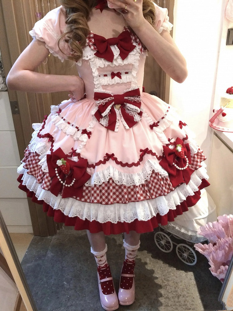 Sweet Lolita Strawberry Bowknot Tiered Dress in Pink and Red - Sakurahime | CoyBunny