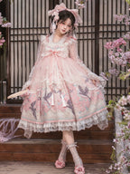 Peach Blossom Print Pink Empire Waist Chinoiserie Lolita Dress with Beaded Sheer Overlay - Dream Magic Box | CoyBunny