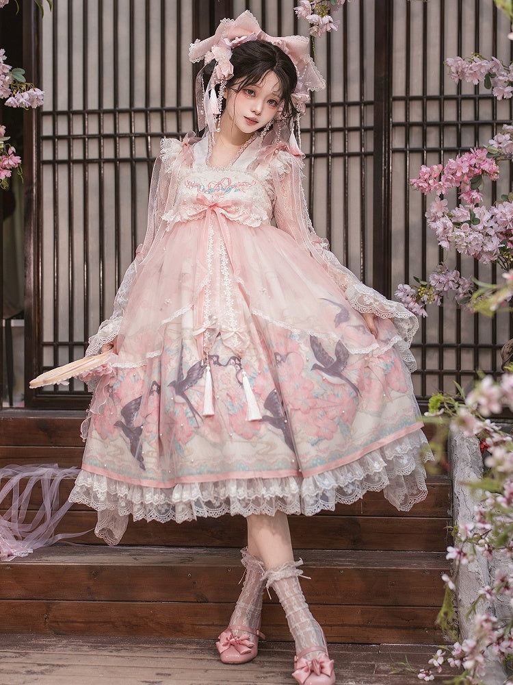 Peach Blossom Print Pink Empire Waist Chinoiserie Lolita Dress with Beaded Sheer Overlay - Dream Magic Box | CoyBunny