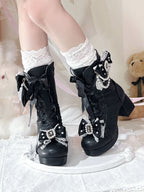 Black Sweet Lolita Boots with Beaded Bow - Sheep Puff | CoyBunny