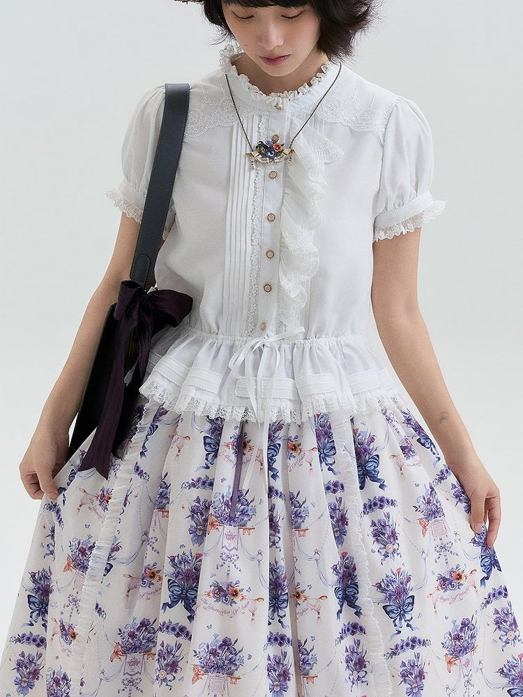 White Single-Sided Ruffles Elegant Lolita Blouse with Drawstring Belt | CoyBunny