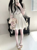 Bunny Ear Bow Collar Blouse, Short Sleeve, Pink & White Print - Kitty Bxllet | CoyBunny