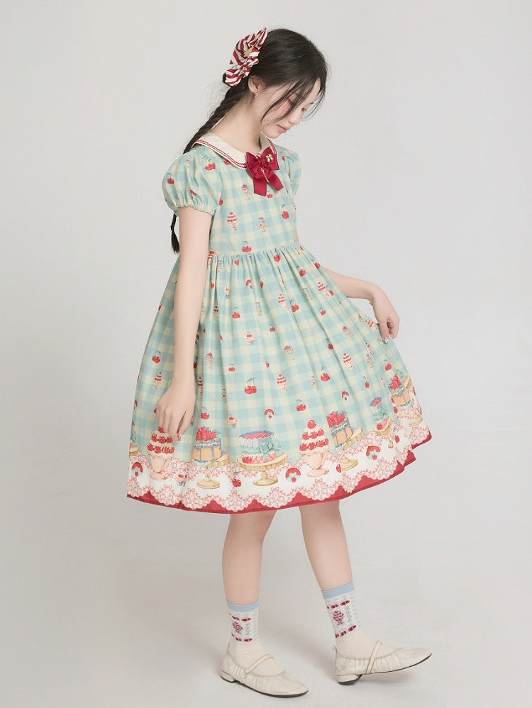 Mint Green High-Waisted Cherry and Dessert Print Sweet Lolita Gingham Dress | CoyBunny