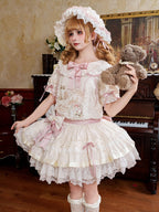Beige & Pink Low Waist Dollcore Lolita OP Dress with Cat Print & Ribbon - Mirror Ragdoll | CoyBunny