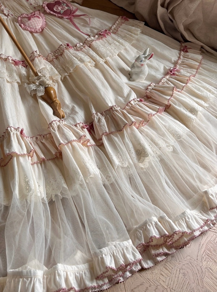 Cream Layered Ruffle High Waist Sweet Lolita Dress with Tulle Hem - Bodhi Original Design | CoyBunny