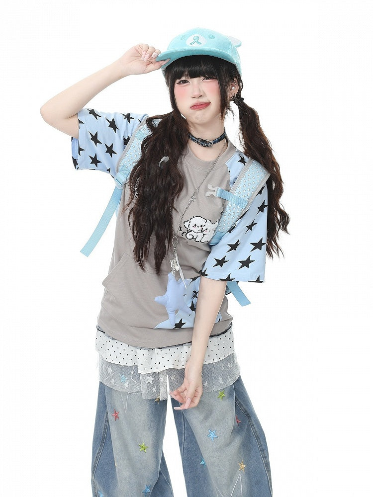 Gray Star Pattern Short Sleeve Top with Kitty Embroidery - Languid Park | CoyBunny