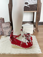 Wine Red Lace Bowknot Platform Shoes with Rabbit Ears - Cheese Mango | CoyBunny