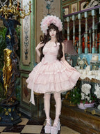 Light Pink Layered Ruffle Boned Lolita JSK Dress with Flower Accents | Meng Fu Zi | CoyBunny