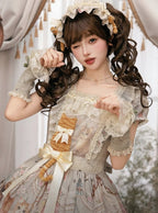Green Cat Print Square Neckline Sweet Lolita JSK Dress with Plush Cat Patch - NyaNya | CoyBunny