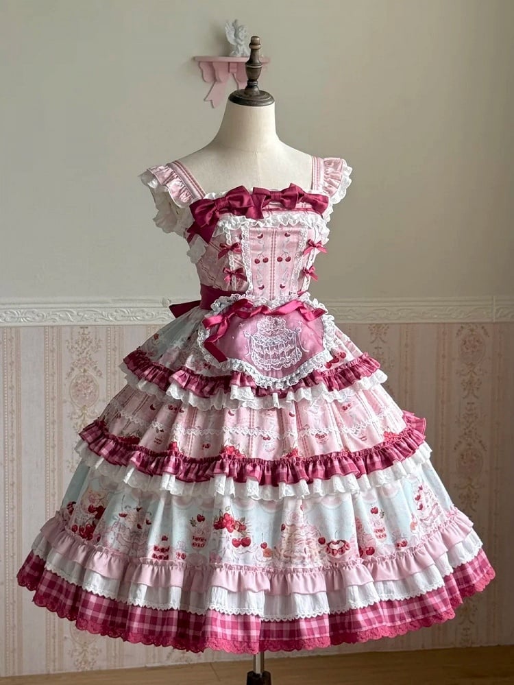 Pink Cherry Cake Print Sweet Lolita Dress with Layered Ruffles - Strawberry Fantasy | CoyBunny