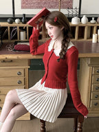 Red Knit Peter Pan Collar Cardigan with Lace - Qchiwawameme | CoyBunny