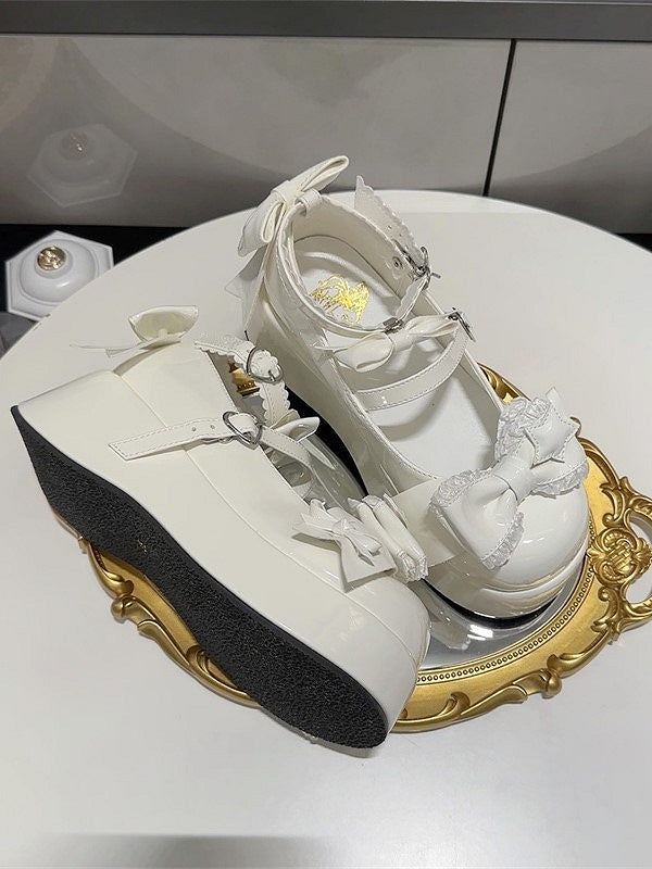 White Sweet Lolita Platform Shoes with Bow Accents | Jiang Jiang Little Cookies | CoyBunny