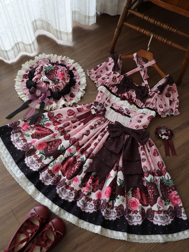 Pink Square Neck Puff Sleeve Strawberry Lolita OP | CoyBunny